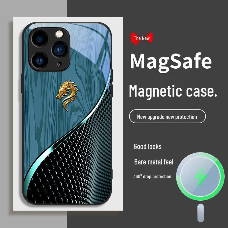 IPhone Hülle: Holzmaserung im chinesischen Stil mit Drachenmotiv, magnetisch, kompatibel mit Modellen 12-16
