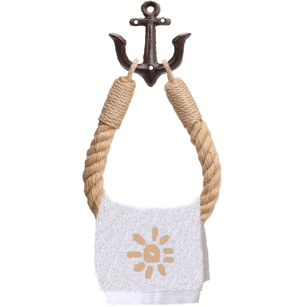 Vintage Nautical Style Rope Toilet Paper Holder with Jute Towel Ring Metal Anchor Hook Wall Mounted Coastal Bathroom Decor, Easy Installation,