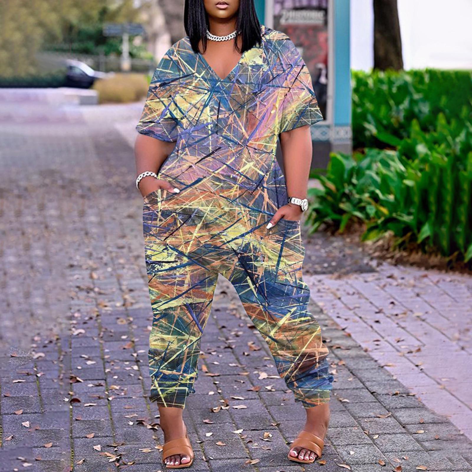 

Женский свободный повседневный комбинезон больших размеров с v-образным вырезом и принтом и короткими рукавами XXL