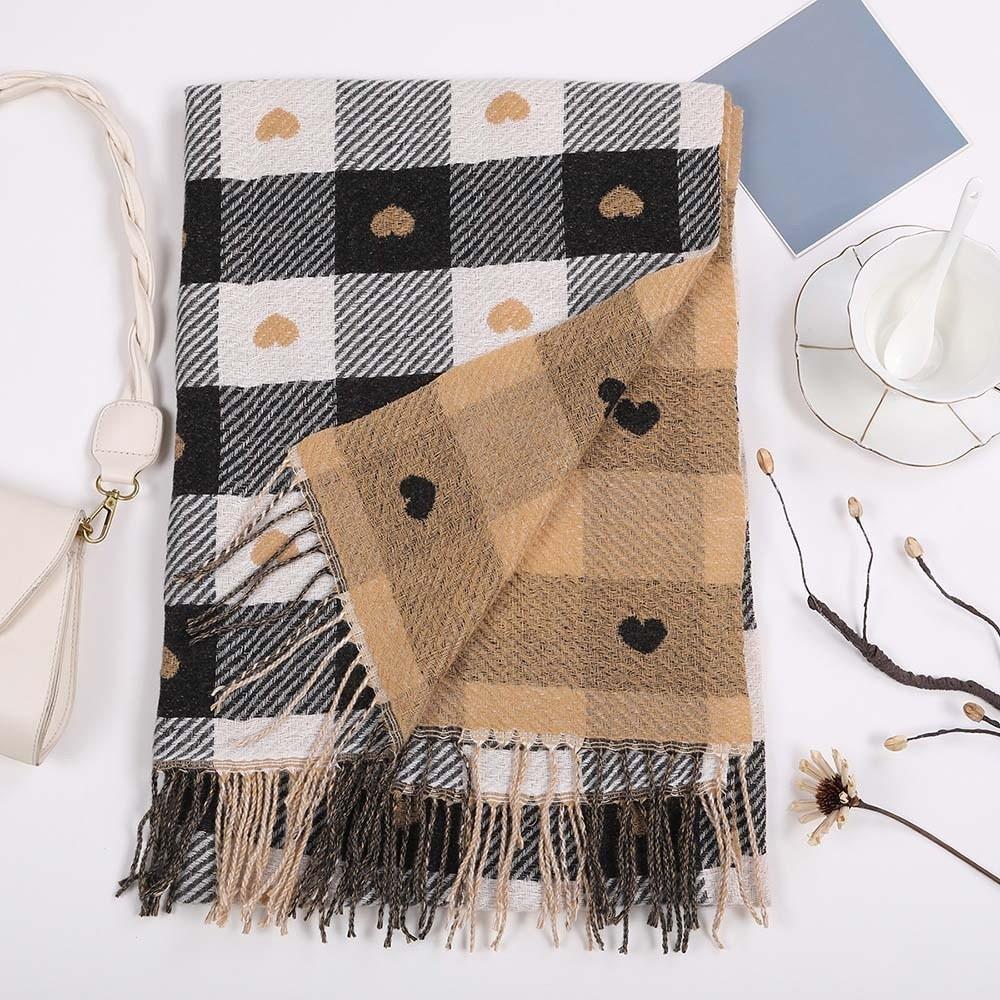 Acrylic Fibers Heart Thickened Scarf Long Tassel Shawl Korean Style Plaid Knitted Scarf  Couple