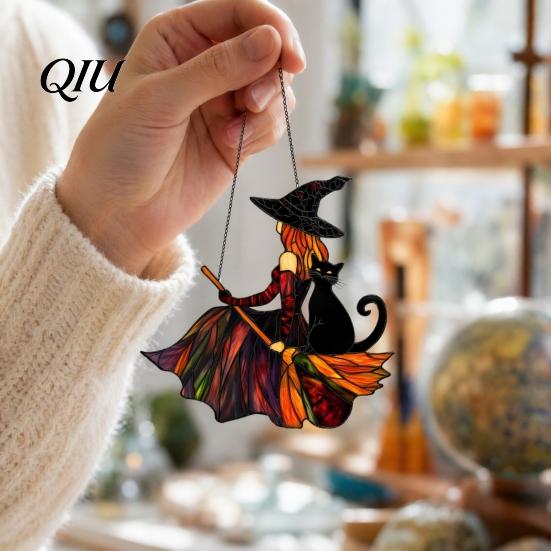 High Definition Printed Acrylic Vintage Halloween Cat Witch Decoration, Window Hanging Ornaments, Colorful Decoration Rustic Farmhouse Tree