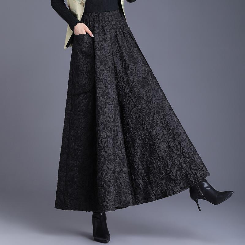 Nationaler Stil Schwimmende Jacquardhose mit weitem Bein für Damen im Herbst und Winter in Übergröße, schmale Culottes mit elastischer Taille und Regenschirm, lässige Stiefelhose