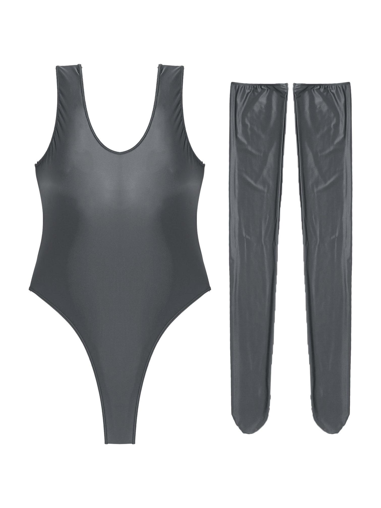 

Жіночий глянцевий шовковий боді без рукавів Комбінезон з панчохами Комплекти білизни Клубний одяг One Size сірий