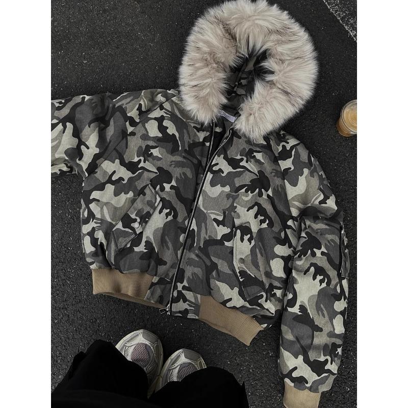 Męska Zimowa Krótka Parka Kurtka z Kapturem ze Sztucznego Futra Grubo Pikowana Jednolita Retro Estetyka Codzienna Uliczna Zimowa Kurtka
