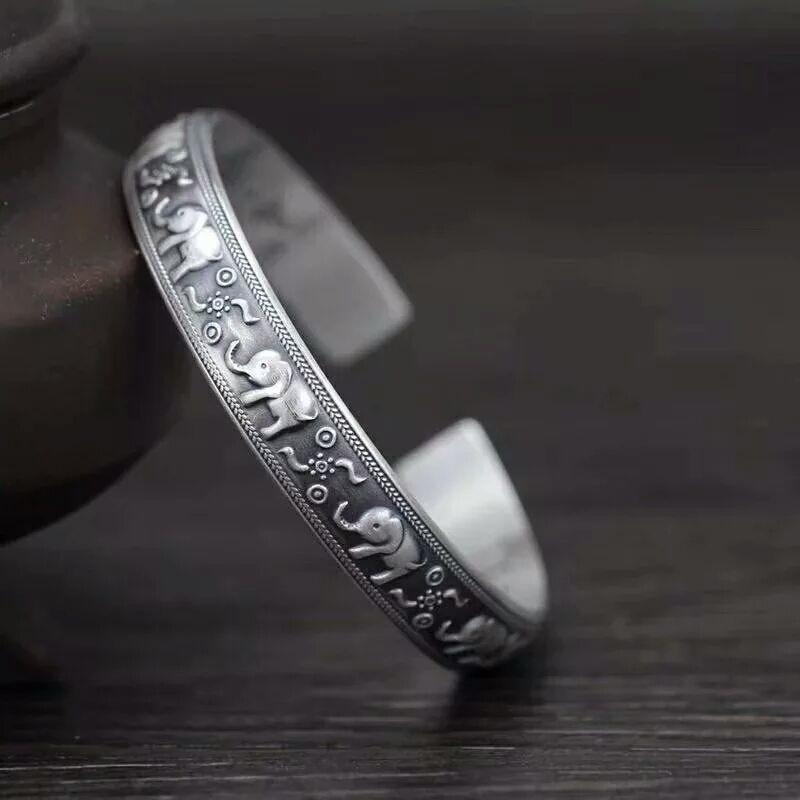 Follow-up Mantra Bangle Women Jewelry Vintage Silver-Plated Scripture Auspicious Elephant Bangle Male Retro Hand Accessories