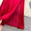 Elegant Square Neck Velvet Split Dress Women Solid Long Sleeve Chic Vintage Clothes Female Korean Fashion Ceremonial Midi Dresses 2024