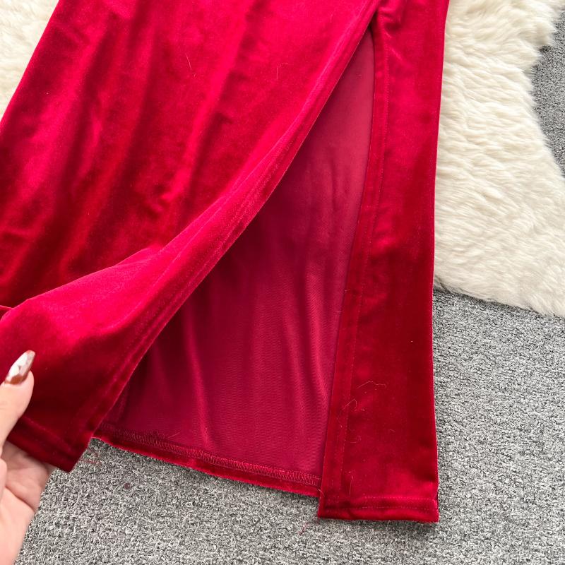 Elegant Square Neck Velvet Split Dress Women Solid Long Sleeve Chic Vintage Clothes Female Korean Fashion Ceremonial Midi Dresses 2024