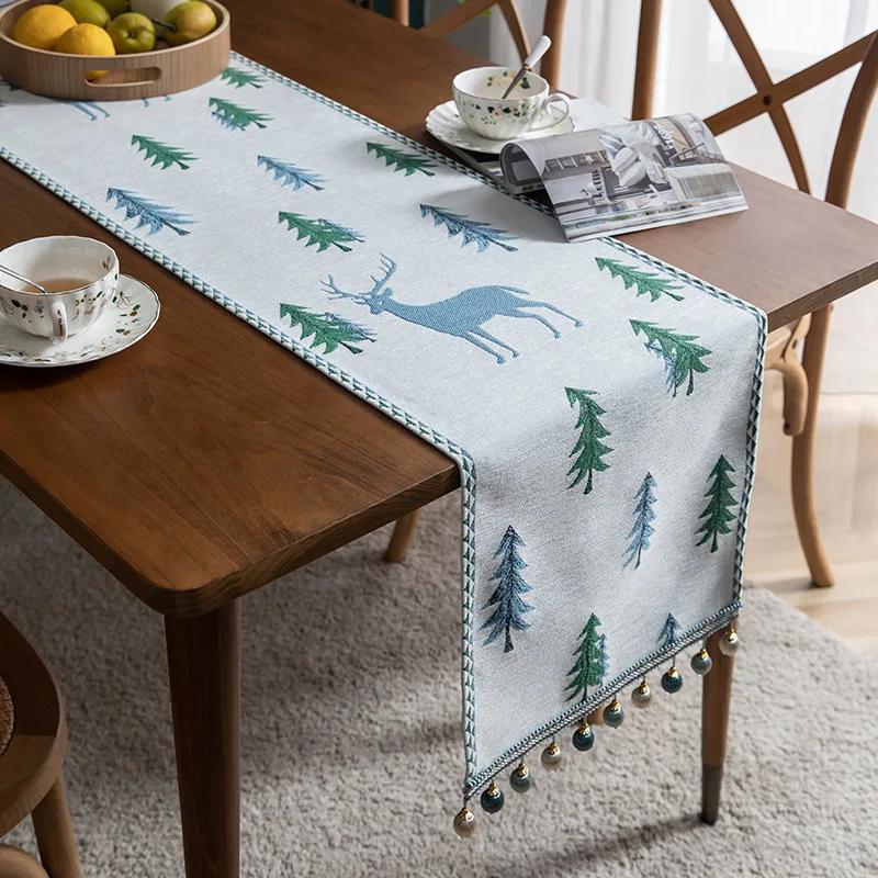

Рождественская дорожка для стола с изображением оленей Санта-Клауса и снежинок, зимняя крышка для обеденного стола для кухни, для украшения вечеринки в помещении и на открытом воздухе 33X140cm синий