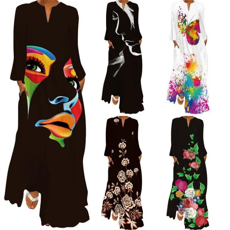 

Retro Butterfly Print Maxi Dress 2024 Summer Long Sleeve V Neck with Pockets 2X-Large