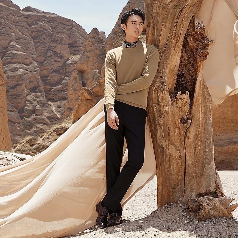 Qipai Men's Jacquard Round Neck Wool Blend Pullover Sweater