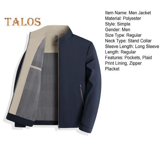 Men Jacket Stand Collar Long Sleeve Solid Color Plaid Lining Jacket Coat Pockets Zipper Placket Casual Outwear