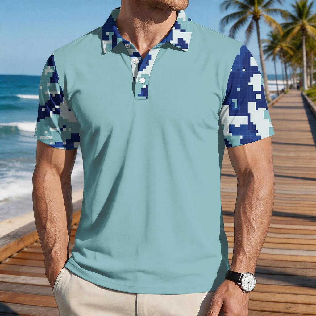 Men's Loose Fit Casual Polo Shirt Short Sleeve Camouflage Print Patchwork Design Button Collar Summer Top