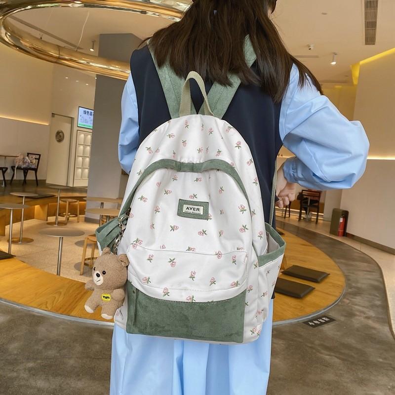Fashionable Color Blocked Flower Pattern Letter Decor Student Casual Backpack