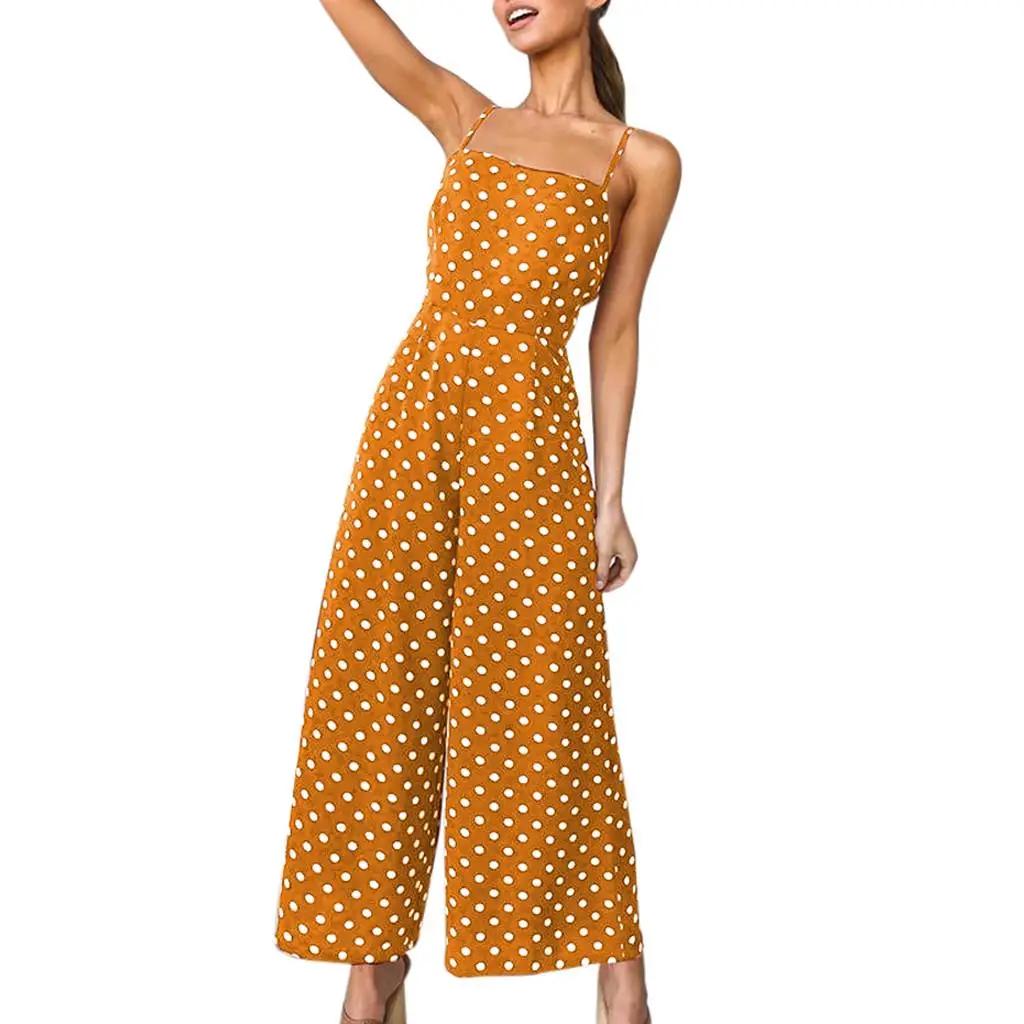Women Long Jumpsuit Backless Strappy Playsuit Polka Dot Holiday Wide Leg Pants