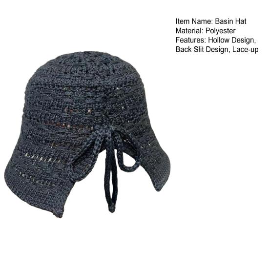 Summer Basin Hat Crochet Hollow Design Sun Protection Hat Wide Brim Back Slit Design Lace-up Knitted Outdoor Cap
