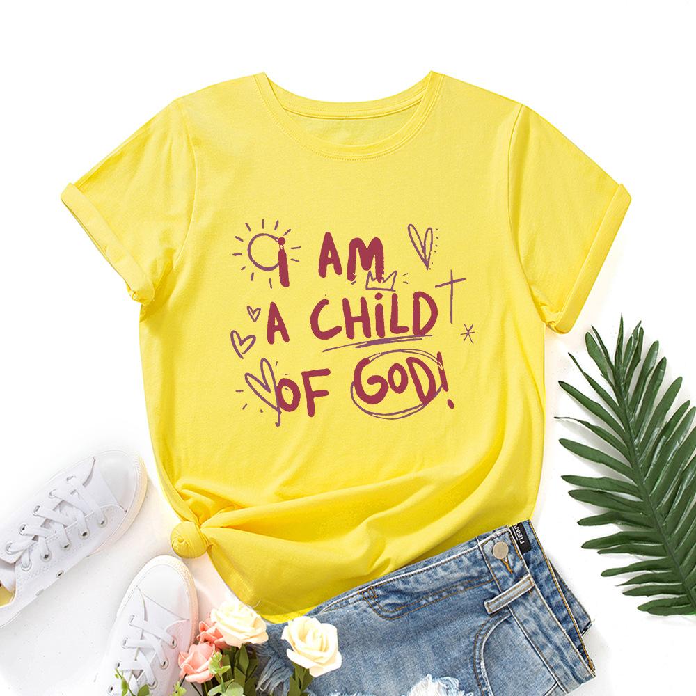 A Child of God Alphabet Cotton T-Shirt Short Sleeve Round Neck Women 2d Print Tops