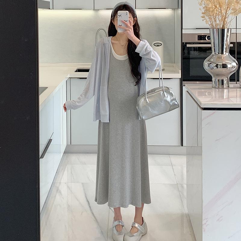 2026 Spring Elegant Maternity Set: Hooded Outerwear & Faux Two-Piece Vest Long Dress M