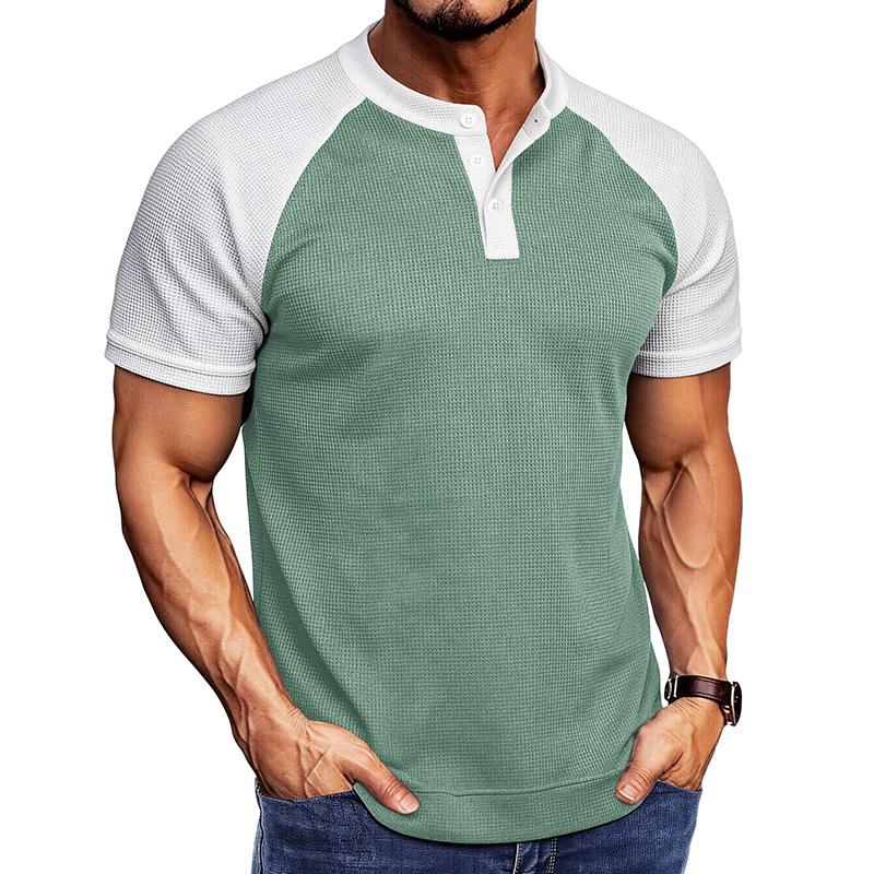 Men Waffle Knit Raglan Sleeve Henley T-Shirt S зелёный