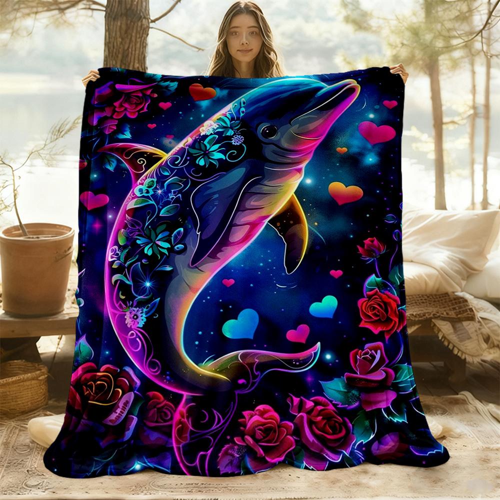 1pc Dolphin Flowers Flannel Blanket, Comfortable and Warm Blanket, for Camping Sofa Bed and Couch Office018