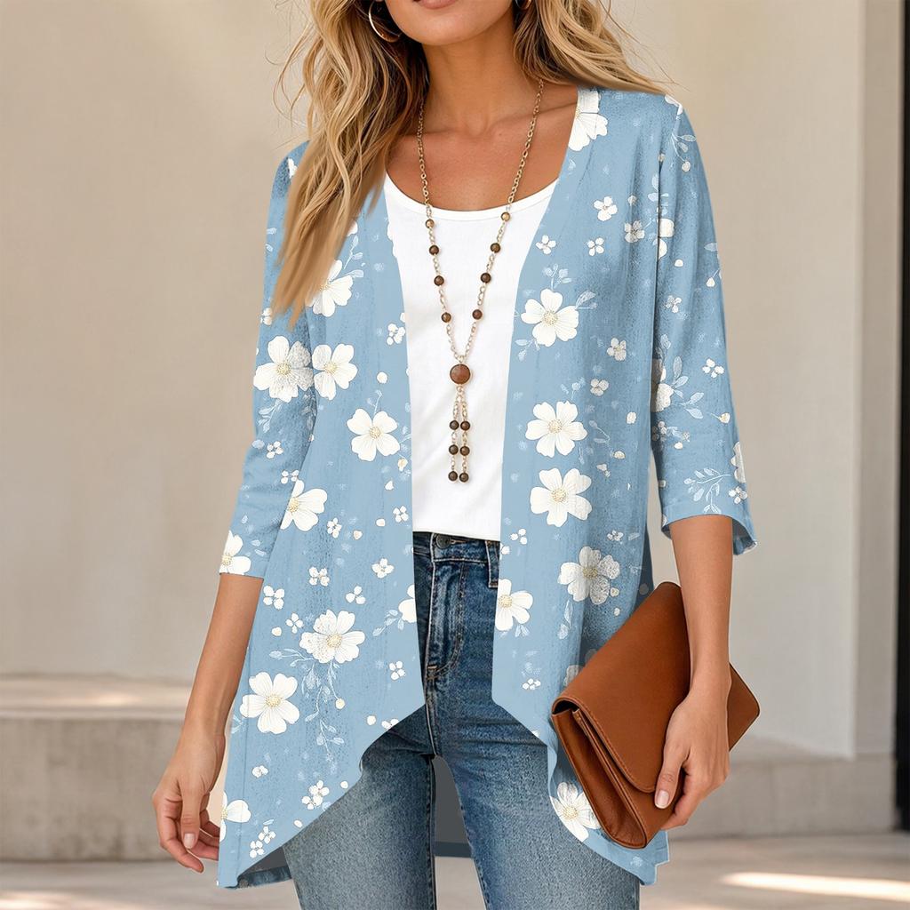 Women's Vintage Floral Print Three-Quarter Sleeve Lightweight Cardigan for Casual Daily Wear