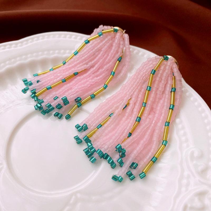 Holiday style hand-woven rice beads tassel silver needle earrings fashion sweet Internet celebrity temperament earrings