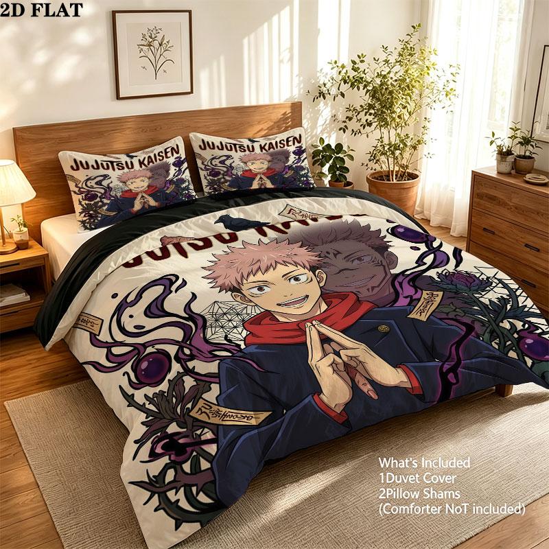 Jujutsu Kaisen Patrón Juego de Ropa de Cama Edredón Funda de Edredón Funda de Almohada Hogar Regalo de Cumpleaños(1 * funda nórdica + 2 * fundas de almohada, sin núcleo)