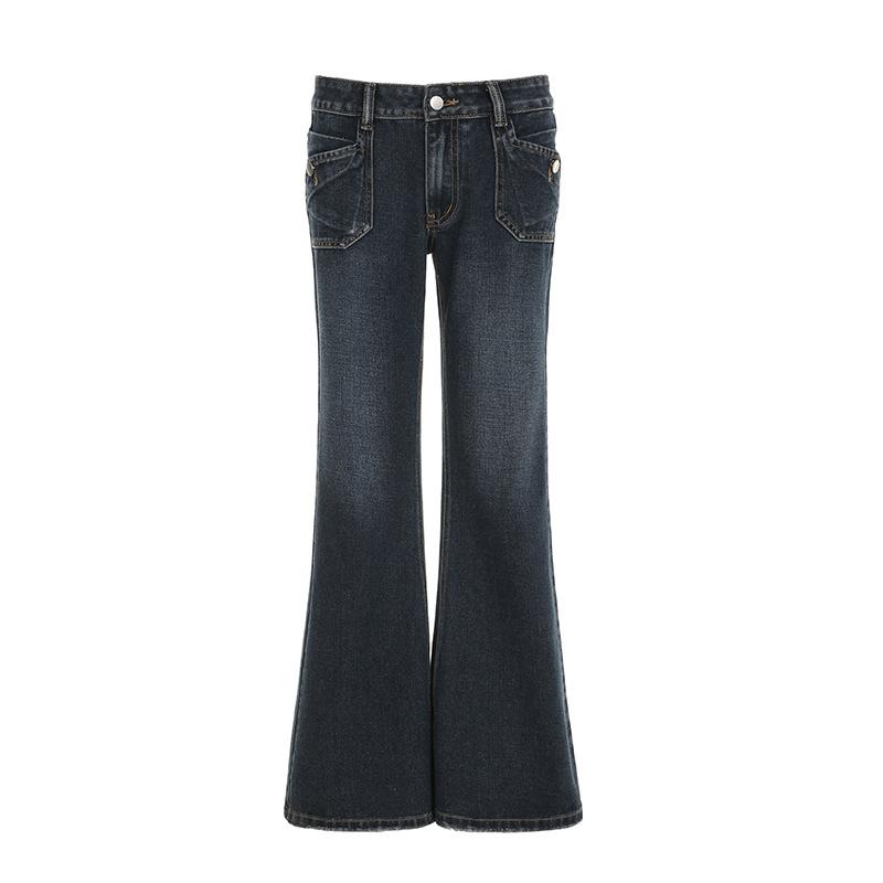

Осенне-зимние женские джинсы с низкой талией и винтажными карманами, свободные, волочащиеся по земле, тонкие, расклешенные S синий
