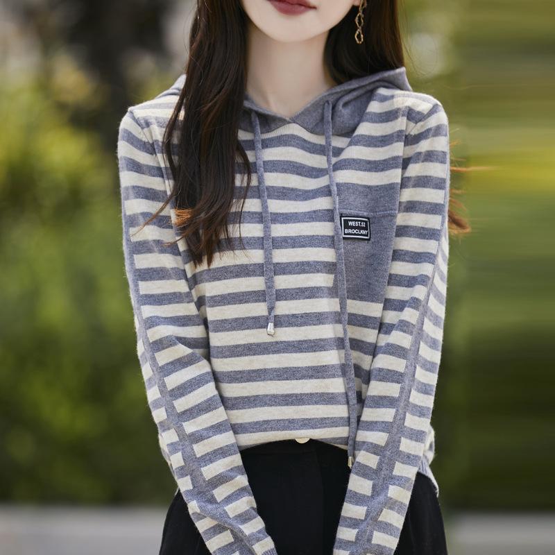 Striped Hooded Pullover Bottom Knitted Sweater Women's Jacket Sweater Loose Casual Fashion Reducing Top Hoodie Sweater