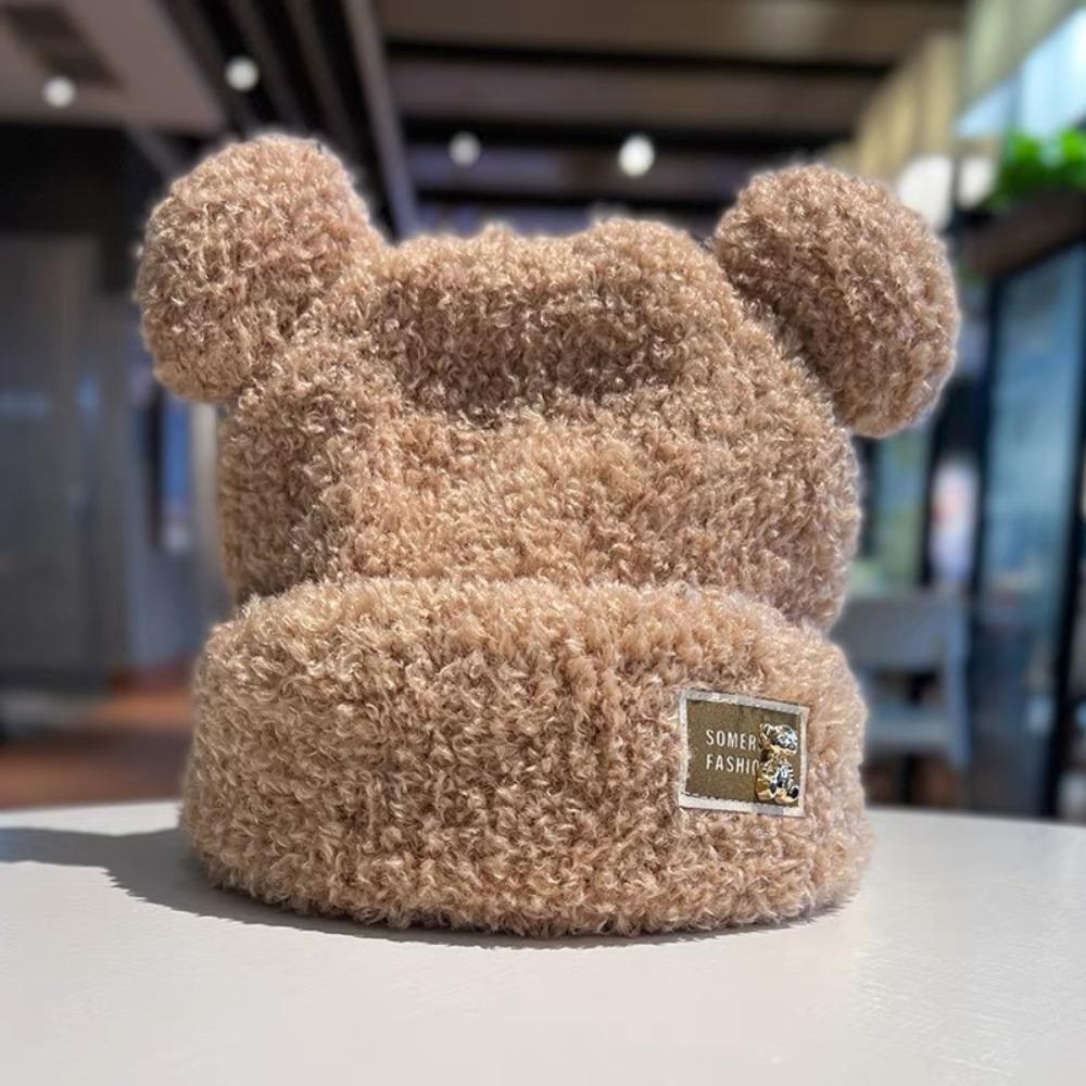 Solid Color Knitted Warm Cap Thickened Bear Ear Hat Fashion Plush Cap  Winter Outdoor