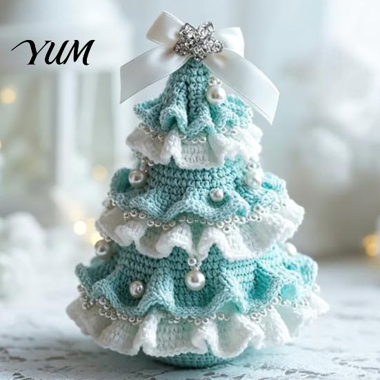 Crochet Christmas Tree Kit for Beginners DIY Kit, Beginner-Friendly Xmas Craft with Bow Plush Holiday Desktop Decoration And Faux Pearl Embellishment,