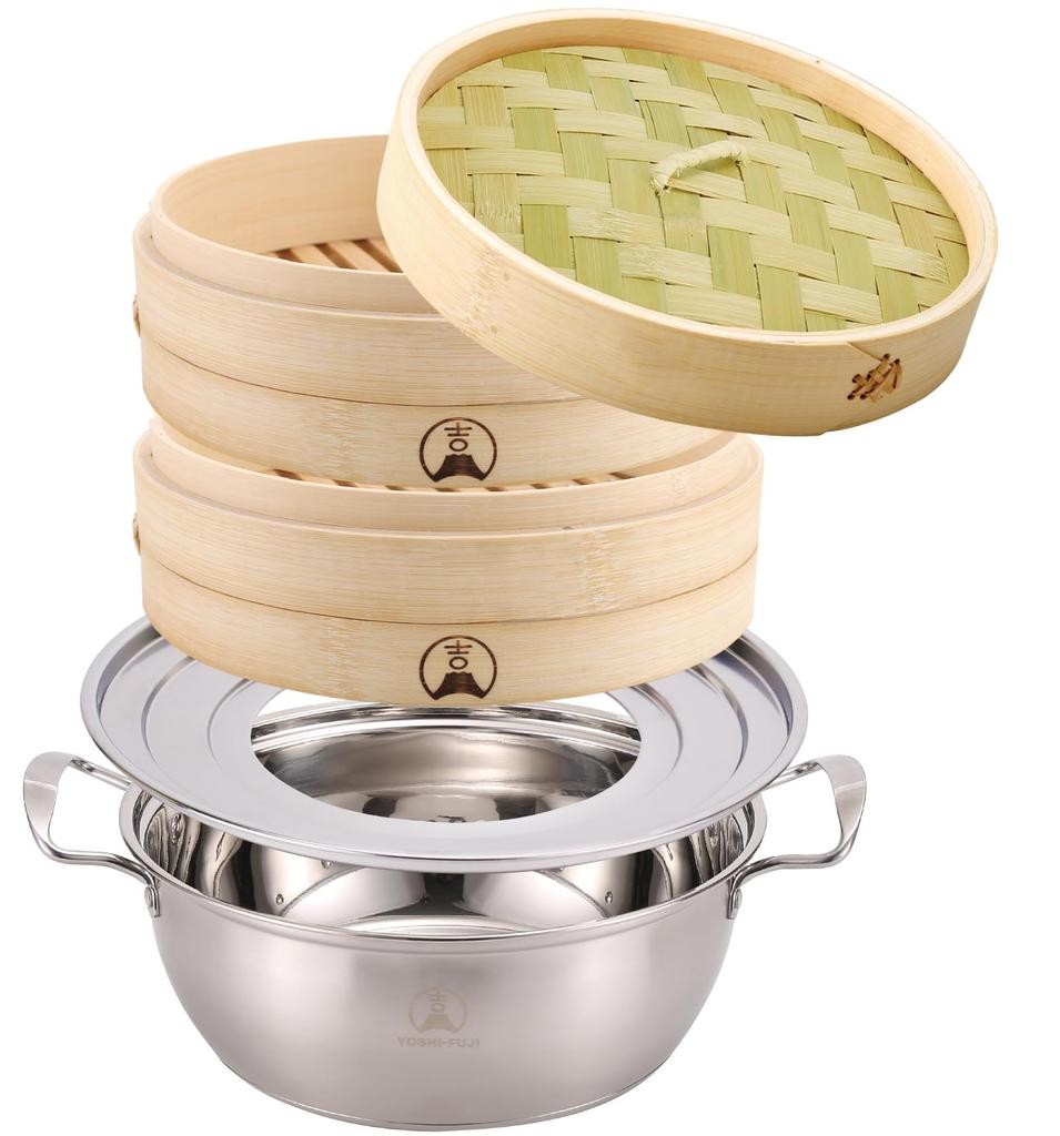 Yoshifuji Kogei Bamboo Steamer, 2-Tier, with Dedicated Steamer Pot Set, Chinese Steamer, Includes 20 Dedicated Steamer Sheets (Includes 21cm Pot)