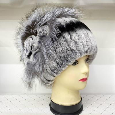 Natural Rex Rabbit Fur Hats for Women Fluffy Floral Striped Warm Beanies Female Warm Winter Fur Caps
