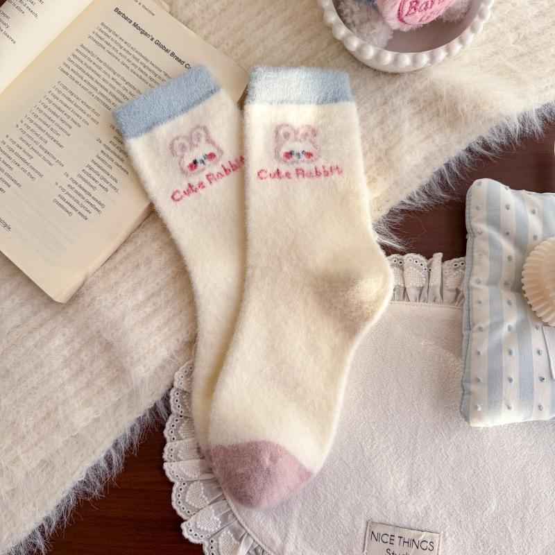 Rabbit Home Cute Girl'S Australian Velvet Socks Sweet Pink Mid-Leg Socks Indoor Versatile Warmth