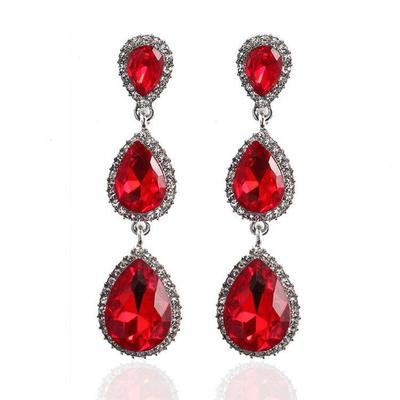 Korean Style Festive Red Teardrop Tassel Earrings with Rhinestones