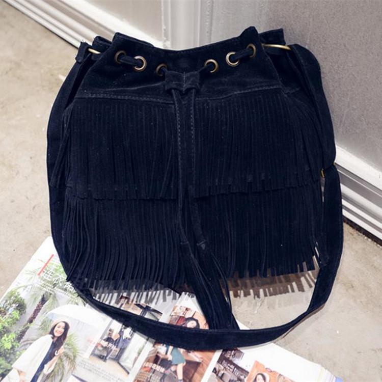 

Simple Retro Fringed Drawstring Bucket Fringed Bag Shoulder Messenger Women S Bag Simple And Fashionable чорний