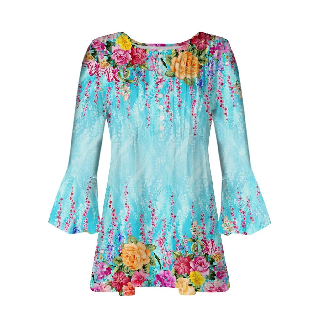 Button Down Shirts For Women Print Tunic Summer Tops Dressy Casual Bell 3/4 Sleeve V Neck Spring Blouses