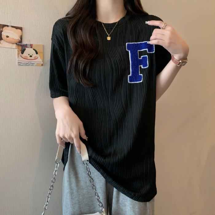 

Spring 2025 New American Ice Silk Towel Embroidered Short Sleeve T-Shirt Female Student Hong Kong Style Large Edition Loose White Top XL чорний