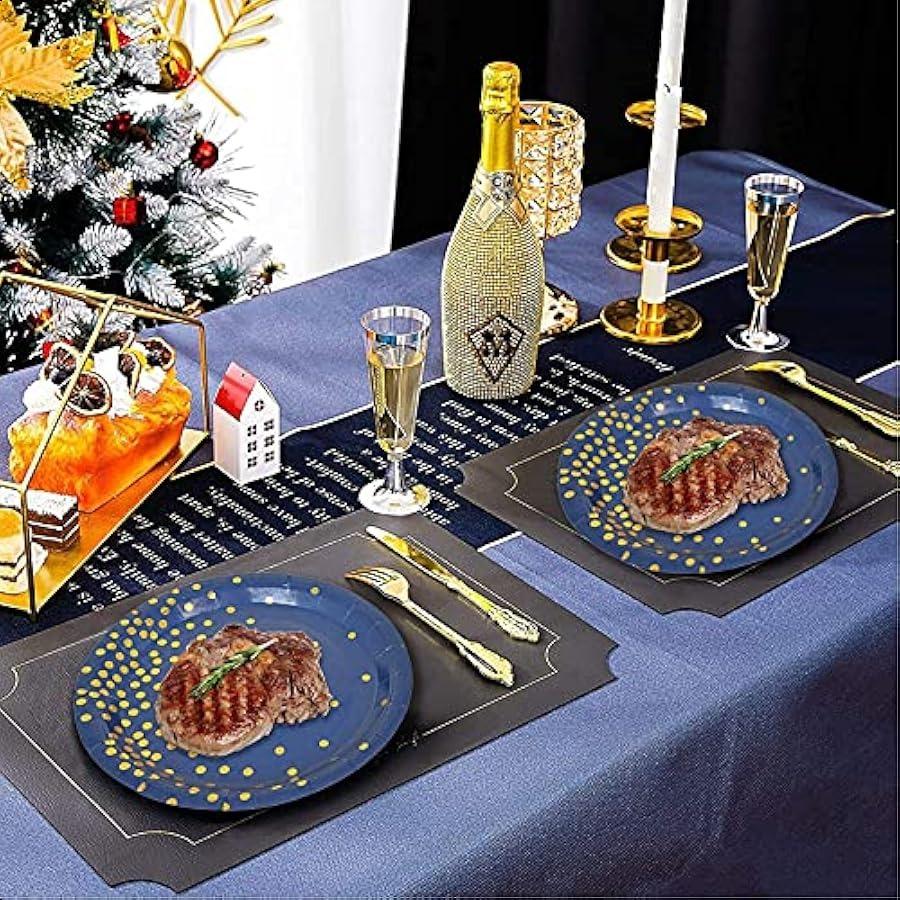 

Набор одноразовых столовых приборов на 20 персон Синий и золотой набор столовых приборов для вечеринки включает обеденную тарелку, салатную тарелку, салфетку, чашку, нож United States