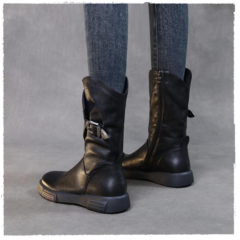 Johnature Genuine Leather Flat Mid-calf Boots For Women's Vintage Solid Color Side Zippered Boots