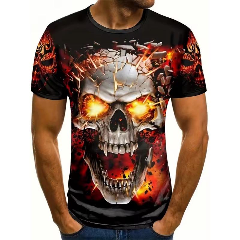Men's Summer Casual T-Shirt 3D Golden Lightning Skull Print Short Sleeve Streetwear