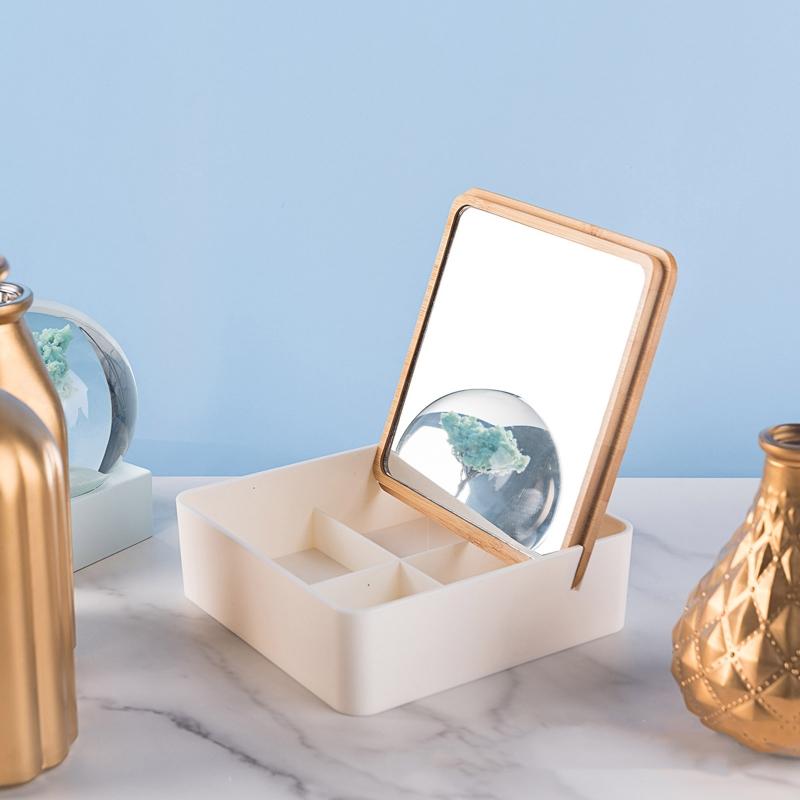

Квадратный косметический ящик для хранения с деревянной крышкой, зеркальный футляр для макияжа, ювелирные изделия, кольца, ожерелья, серьги, отделение-органайзер, контейнер 15x15x5cm
