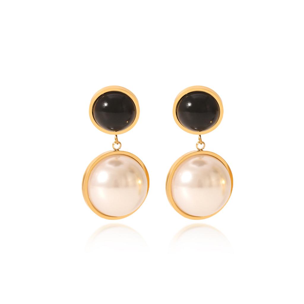 French Light Luxury Vintage Round Stud Earrings, Designer Obsidian Semi-circle Pearl Drop Earrings