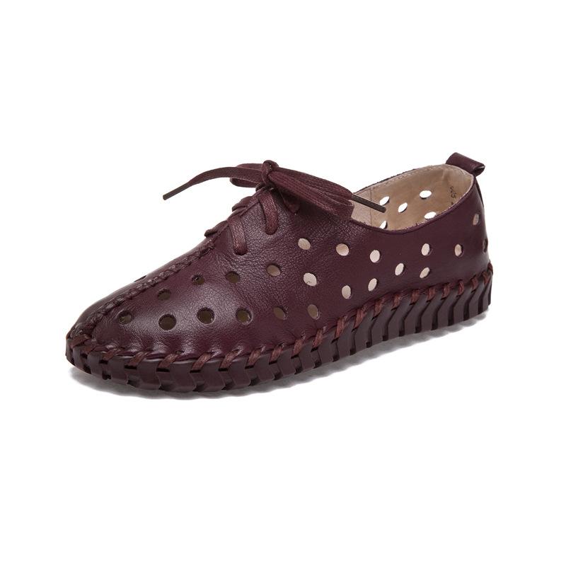 

Genuine leather women s shoes single shoes 2025 summer new cowhide soft sole middle-aged and elderly flat heel hollow retro leather shoes mother shoes 38 бордовий