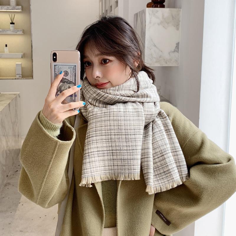 Scarf women's autumn and winter imitation cashmere plaid shawl versatile small fresh student long warm thickened scarf