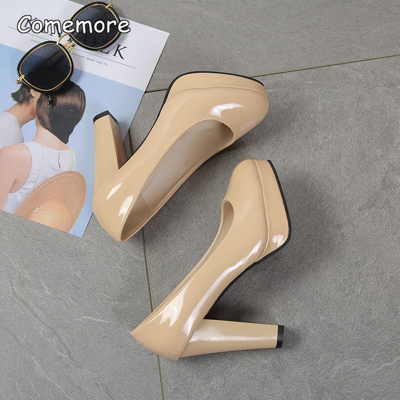 Fashion Comemore Round Toe Slip-On Square Heeled Pumps High Heel Patent Leather Ladies Zapatos Mujer 2025 Plus Size 43 Women Dress Shoes