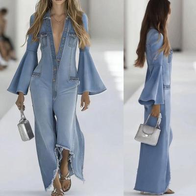 2026 Women's Loose Solid Color Casual Denim Jumpsuit - Autumn/Winter Style