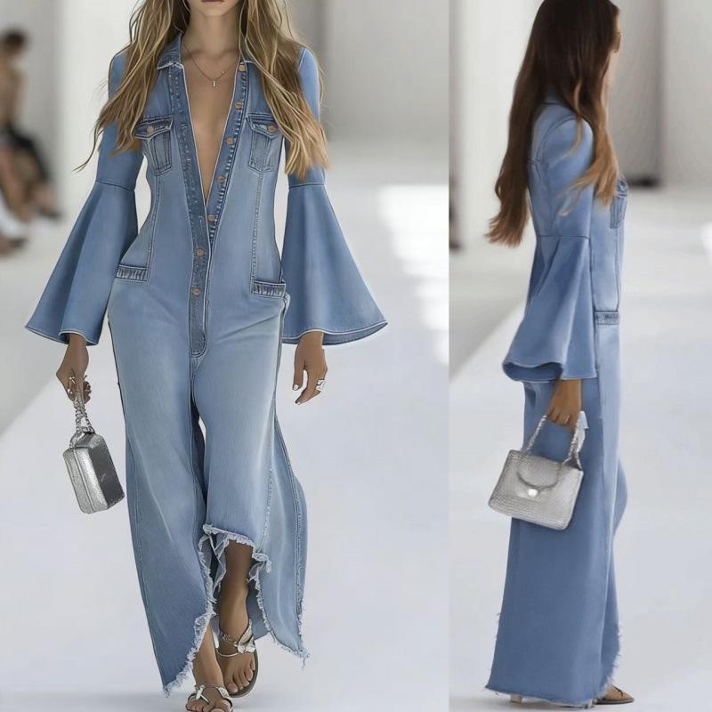 Женский свободный джинсовый комбинезон однотонный повседневный - Стиль Осень/Зима 2026 XL синий
