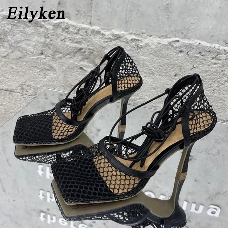Fashion Eilyken Sexy Mesh Pumps Sandals Female Square Toe High Heel Lace Up Cross-tied Stiletto Hollow Dress Shoes Size 35-42