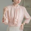 [SYitong] Women's Long-Sleeved Plain Blouse, Stylish, Washable, Collarless, White/Pink, Lined, Business/Office Wear, Cute, Popular, Perfect for Dates,