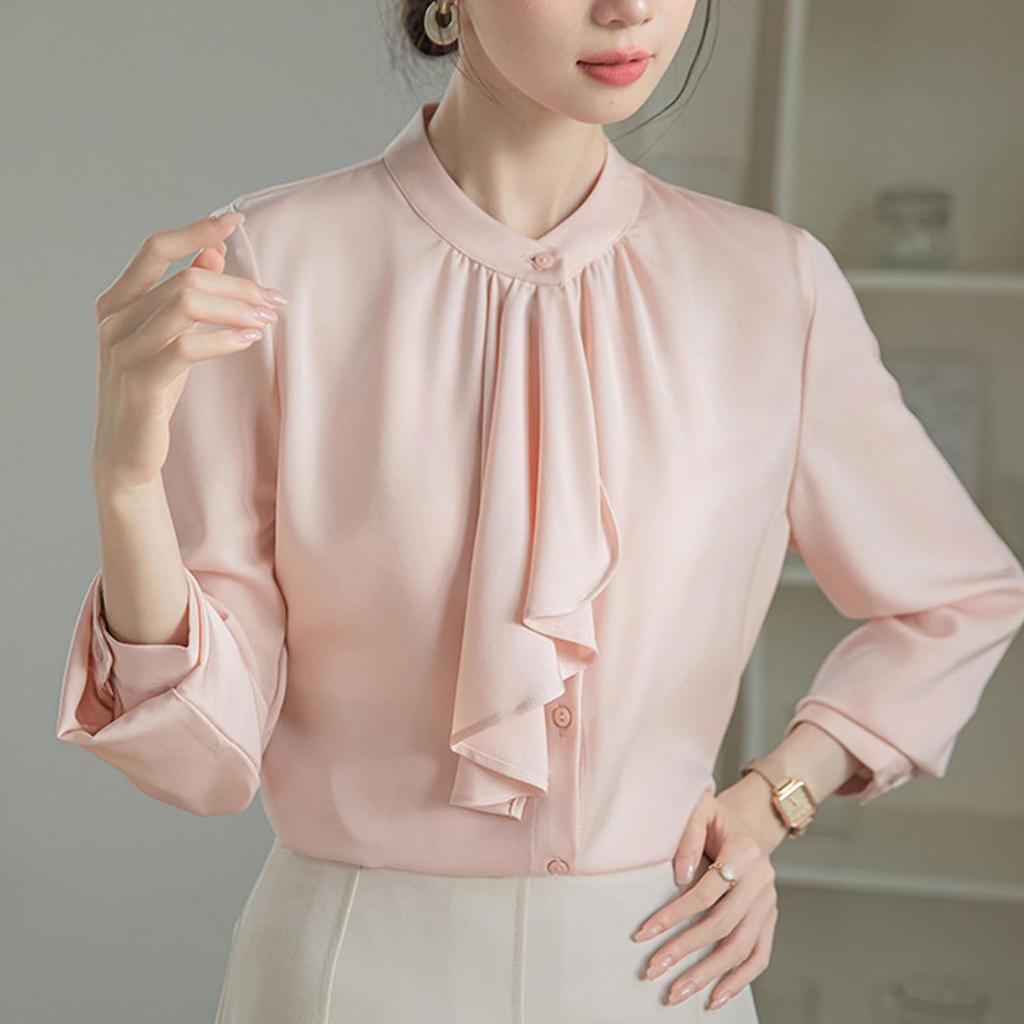 [SYitong] Women's Long-Sleeved Plain Blouse, Stylish, Washable, Collarless, White/Pink, Lined, Business/Office Wear, Cute, Popular, Perfect for Dates,